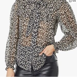 Bishop + Young Floral Bow Ruffle Blouse Black White Sheer XS NEW